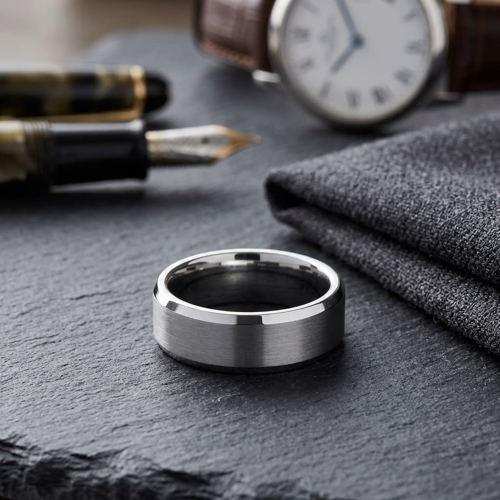 7mm Satin Finish High Polished Beveled Edge Carved Wedding Band in Platinum, on walnut surface with pocket square