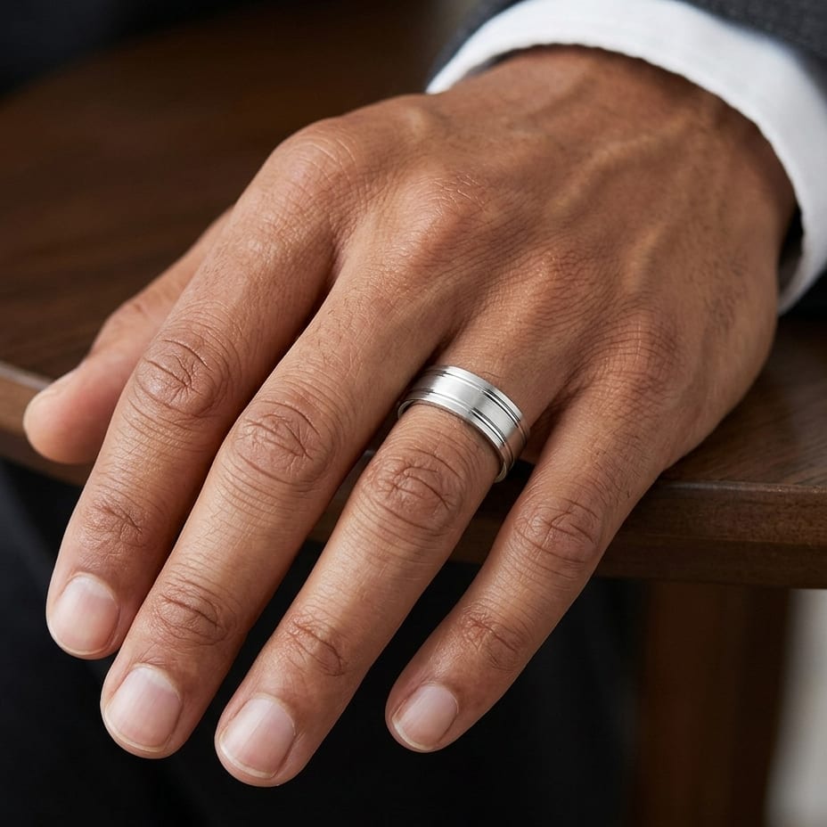 8mm Satin Finish Parallel Groove Carved Wedding Band in Platinum, worn on hand, masculine close-up