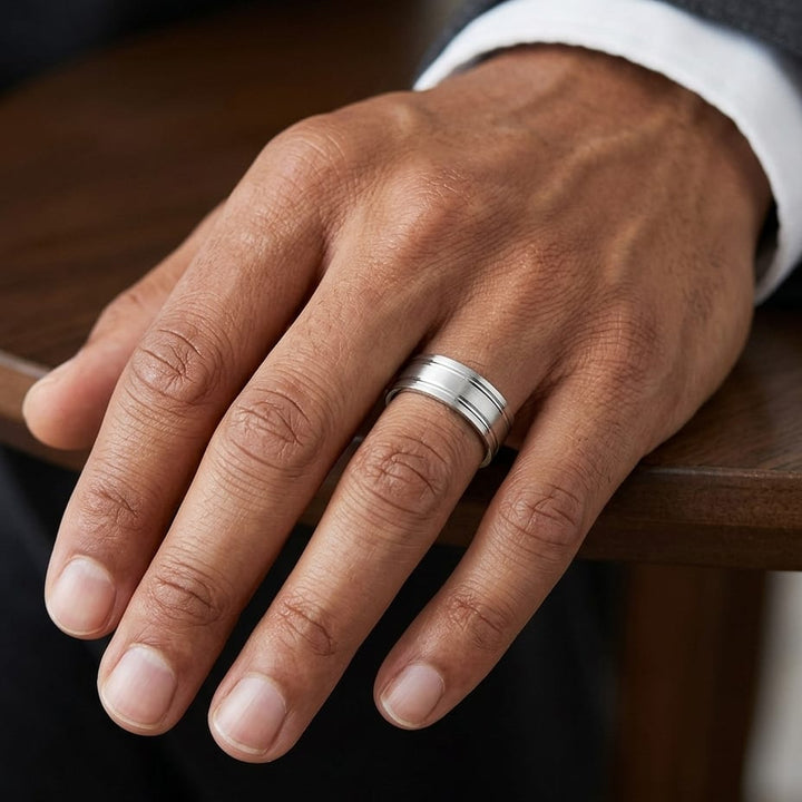 8mm Satin Finish Parallel Groove Carved Wedding Band in Platinum, worn on hand, masculine close-up