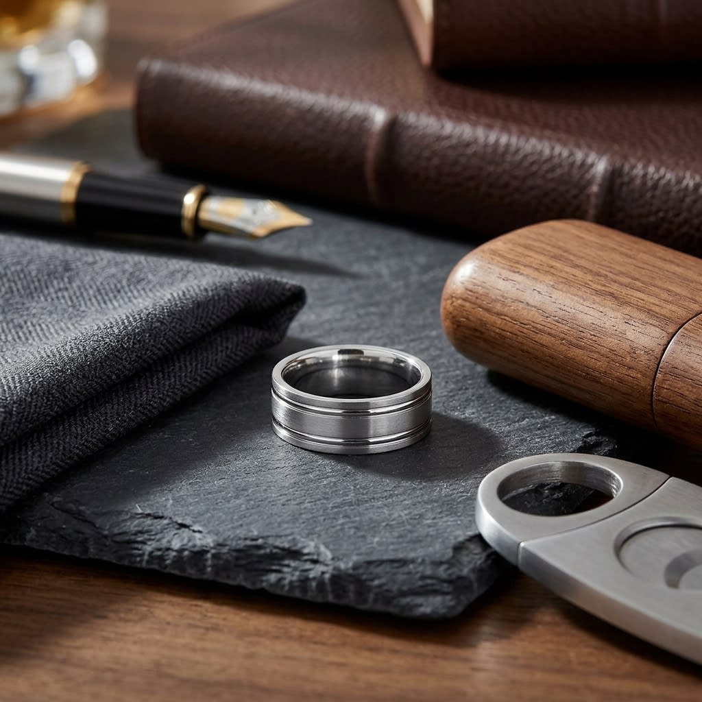 8mm Satin Finish Parallel Groove Carved Wedding Band in Platinum, on walnut surface with pocket square