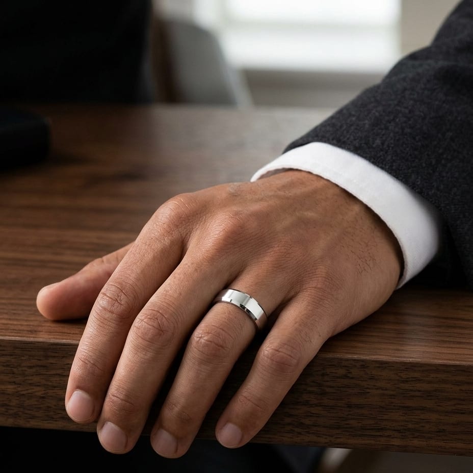 6mm High Polish Carved Wedding Band in Platinum, worn on hand, masculine full view