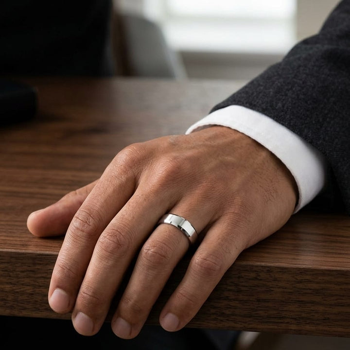 6mm High Polish Carved Wedding Band in Platinum, worn on hand, masculine full view