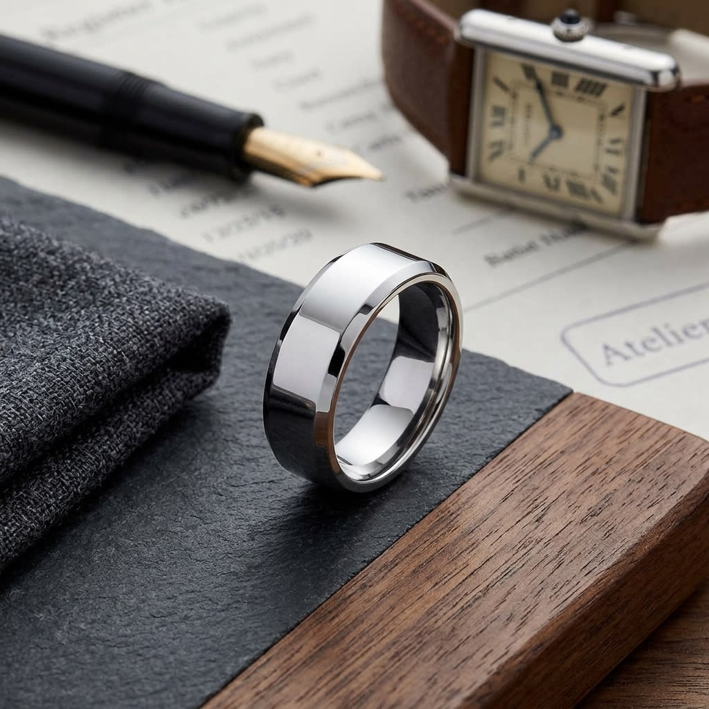 6mm High Polish Carved Wedding Band in Platinum, on walnut surface with pocket square
