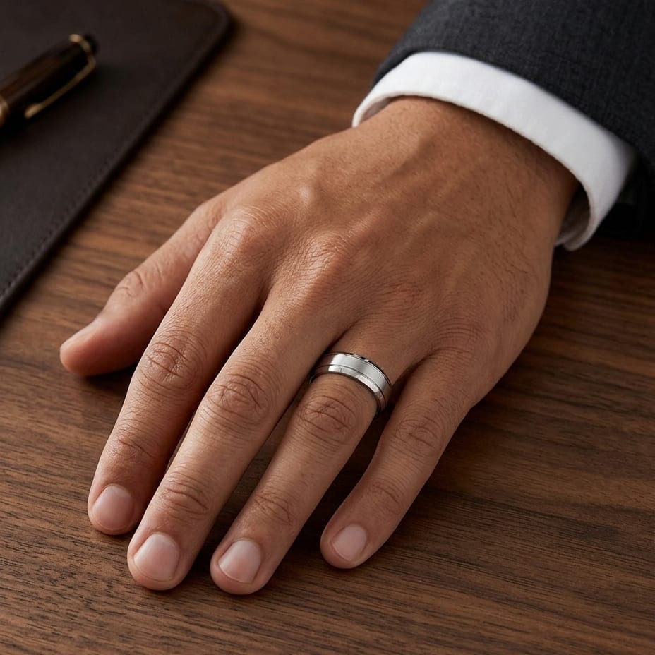 7mm Satin Finish High Polished Beveled Edge Carved Wedding Band in Platinum, worn on hand, masculine full view