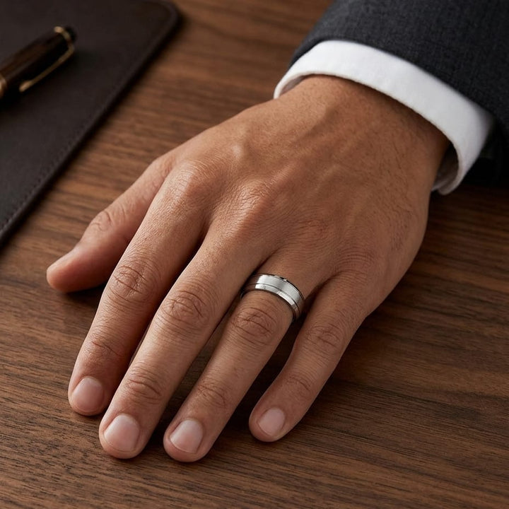 7mm Satin Finish High Polished Beveled Edge Carved Wedding Band in Platinum, worn on hand, masculine full view