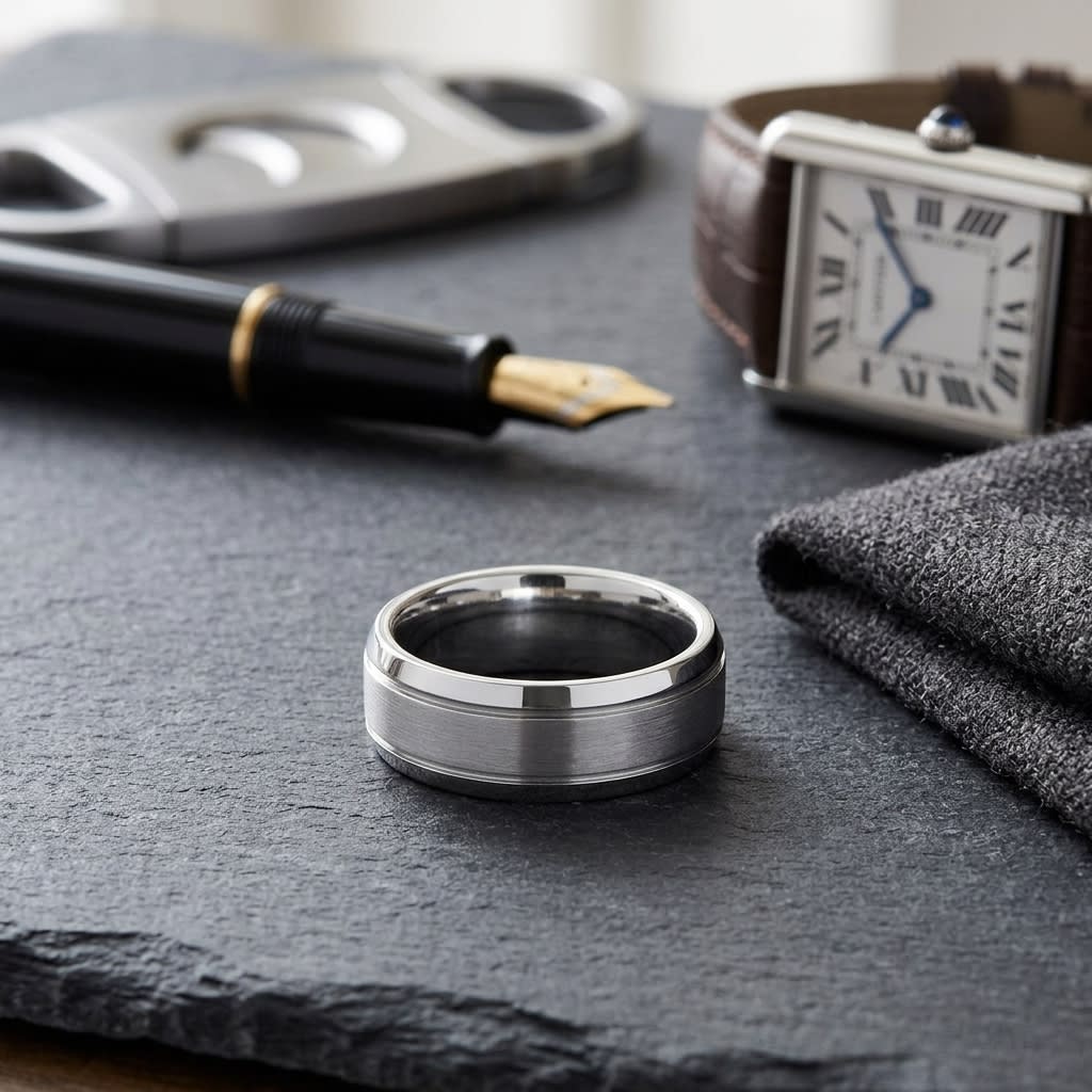 7mm Satin Finish High Polished Beveled Edge Carved Wedding Band in Platinum, on walnut surface with pocket square