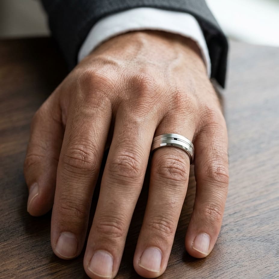 6mm Satin Finish Carved Wedding Band in Platinum, worn on hand, masculine close-up