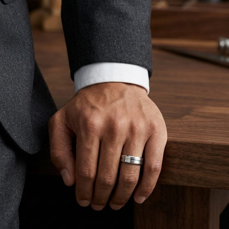 6mm Satin Finish Carved Wedding Band in Platinum, worn on hand, masculine full view