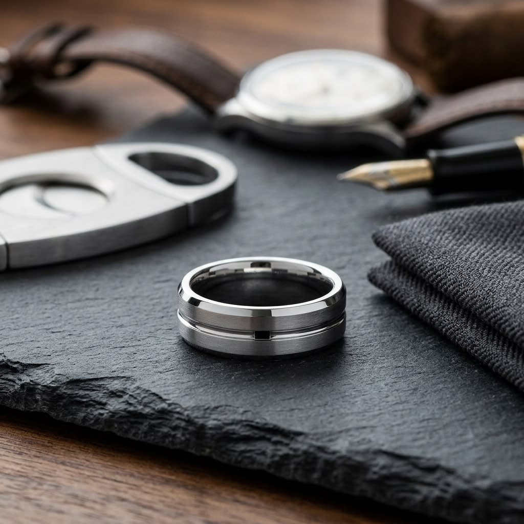 6mm Satin Finish Carved Wedding Band in Platinum, on walnut surface with pocket square