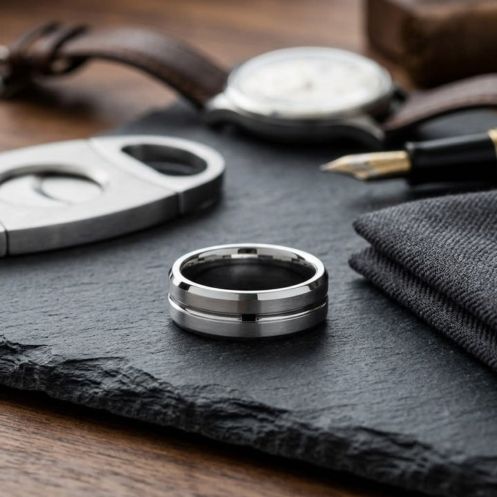 6mm Satin Finish Carved Wedding Band in Platinum, on walnut surface with pocket square