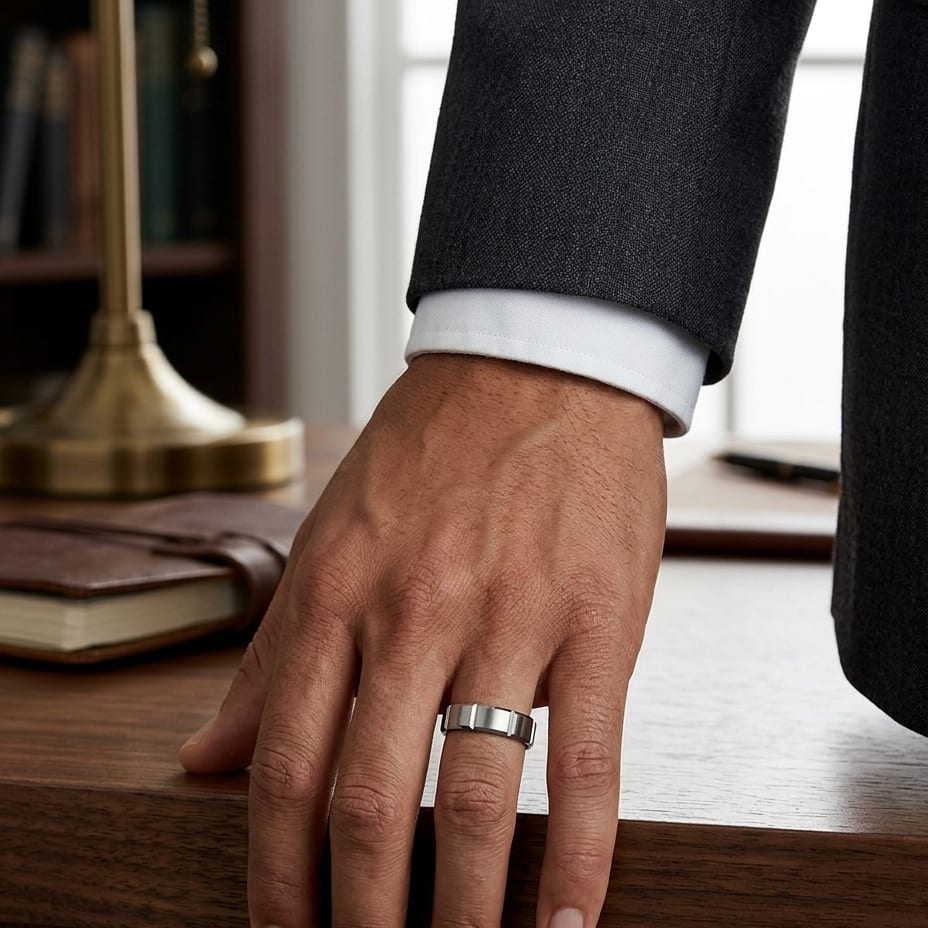 6mm Satin Finish Grooves Carved Wedding Band in Platinum, worn on hand, masculine full view