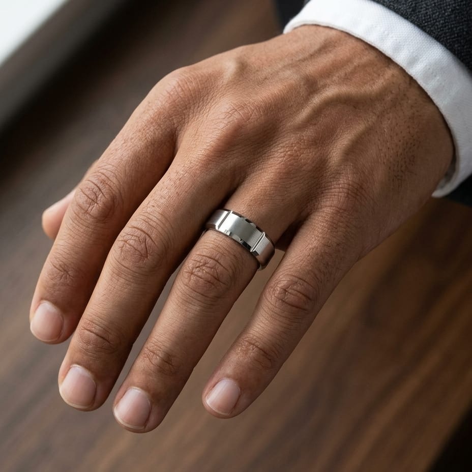 8mm Satin Finish Grooves Carved Wedding Band in Platinum, worn on hand, masculine close-up