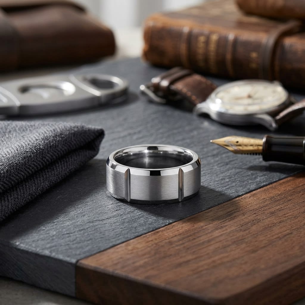 8mm Satin Finish Grooves Carved Wedding Band in Platinum, on walnut surface with pocket square
