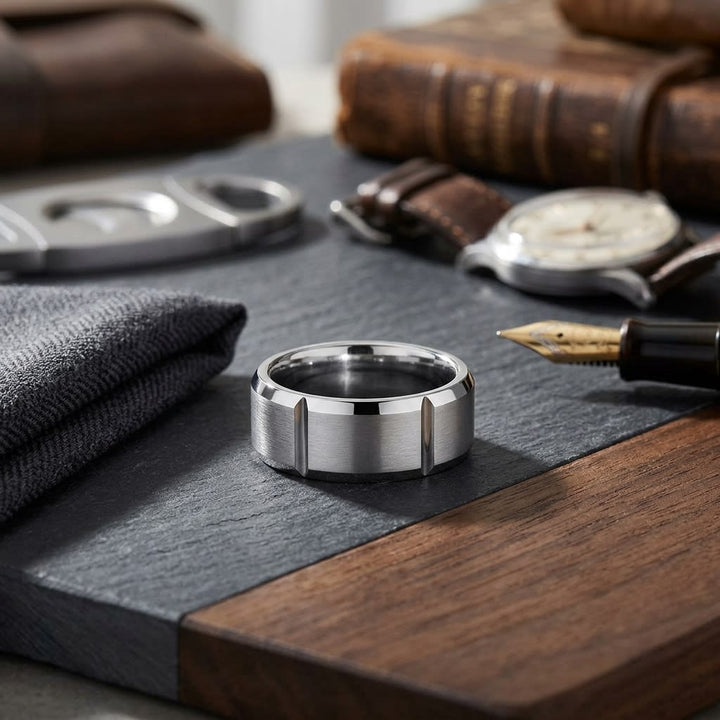 8mm Satin Finish Grooves Carved Wedding Band in Platinum, on walnut surface with pocket square