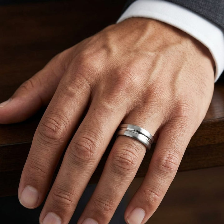 7.5mm Satin Finish High Polished Center Cut Carved Wedding Band in Platinum, worn on hand, masculine close-up