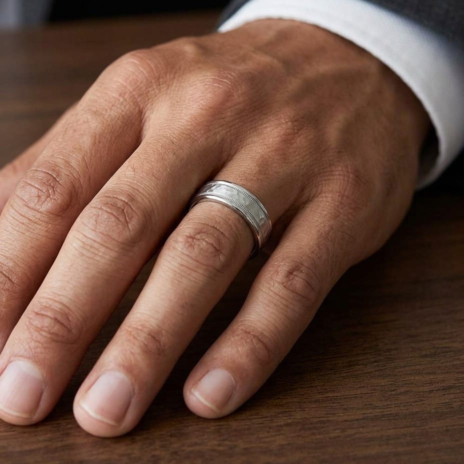 6mm Hammered Center High Polish Round Edge Carved Wedding Band in Platinum, worn on hand, masculine close-up