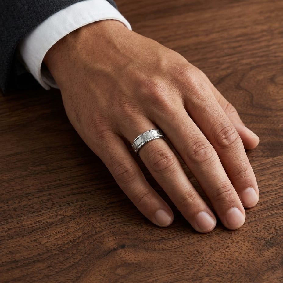 6mm Hammered Center High Polish Round Edge Carved Wedding Band in Platinum, worn on hand, masculine full view