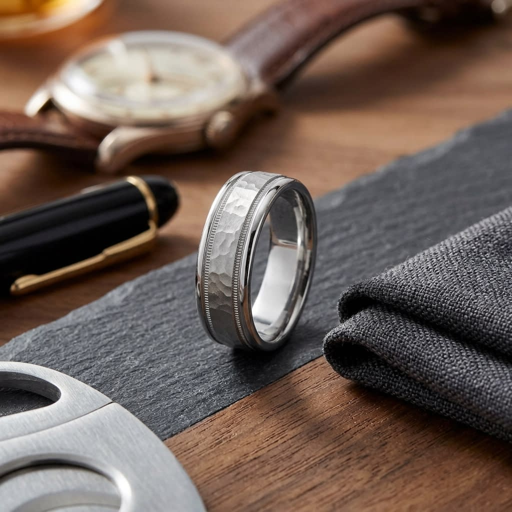 6mm Hammered Center High Polish Round Edge Carved Wedding Band in Platinum, on walnut surface with pocket square