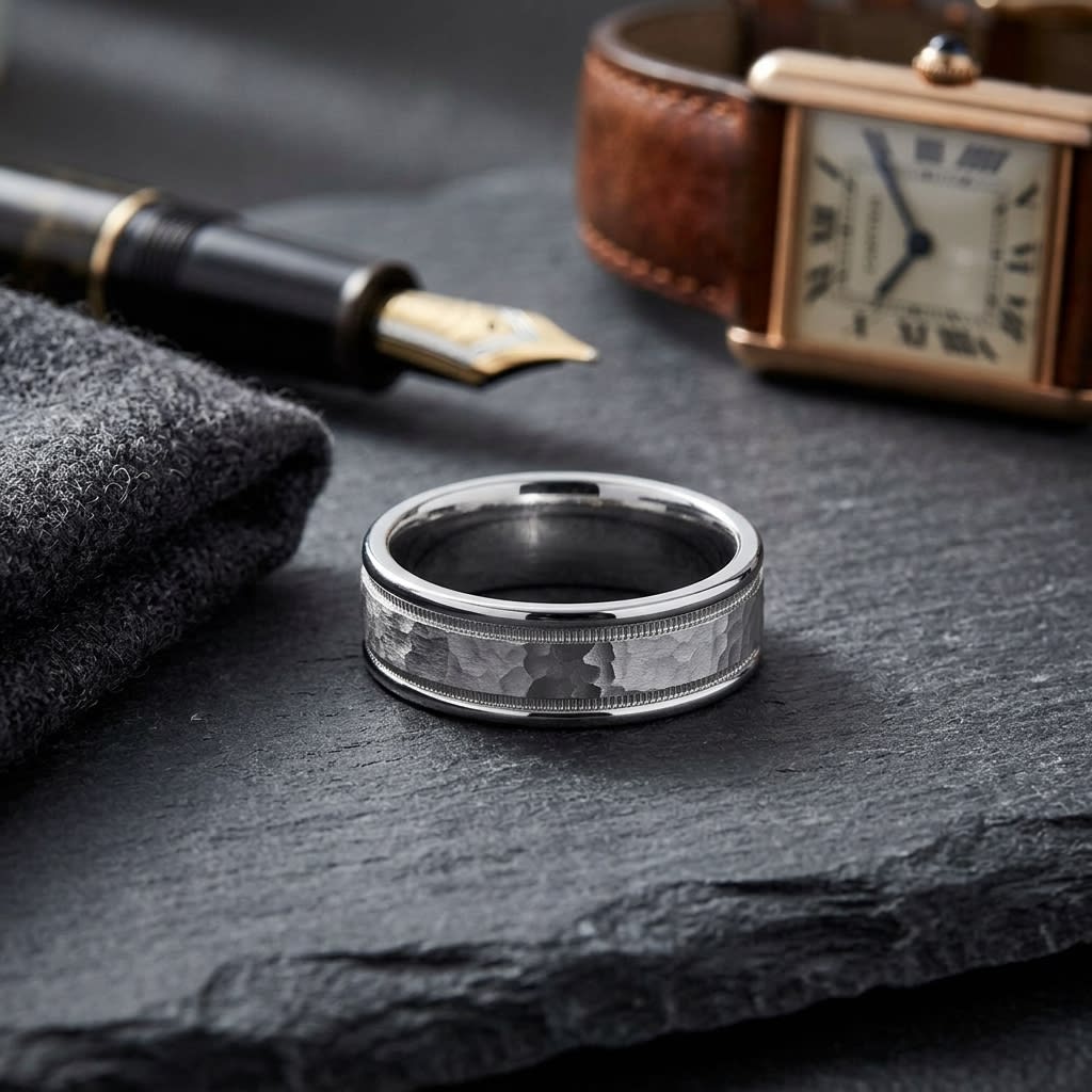 8mm Hammered Center High Polish Round Edge Carved Wedding Band in Platinum, on walnut surface with pocket square