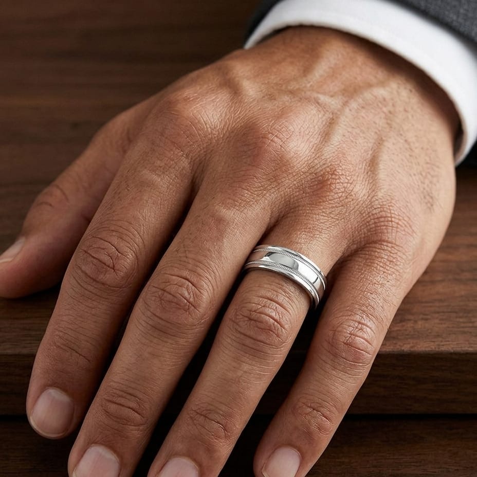 6mm High Polish Milgrain Round Edge Carved Wedding Band in Platinum, worn on hand, masculine close-up