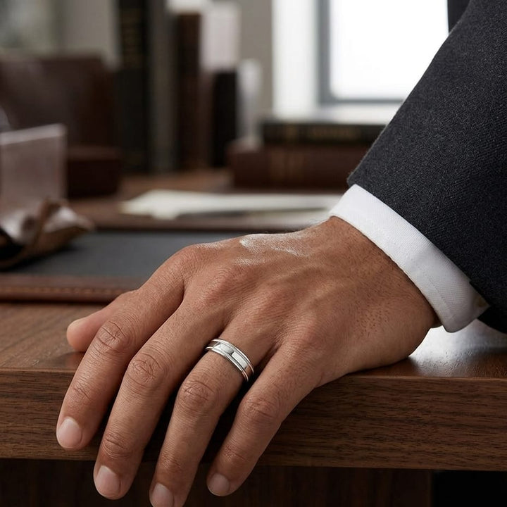 6mm High Polish Milgrain Round Edge Carved Wedding Band in Platinum, worn on hand, masculine full view