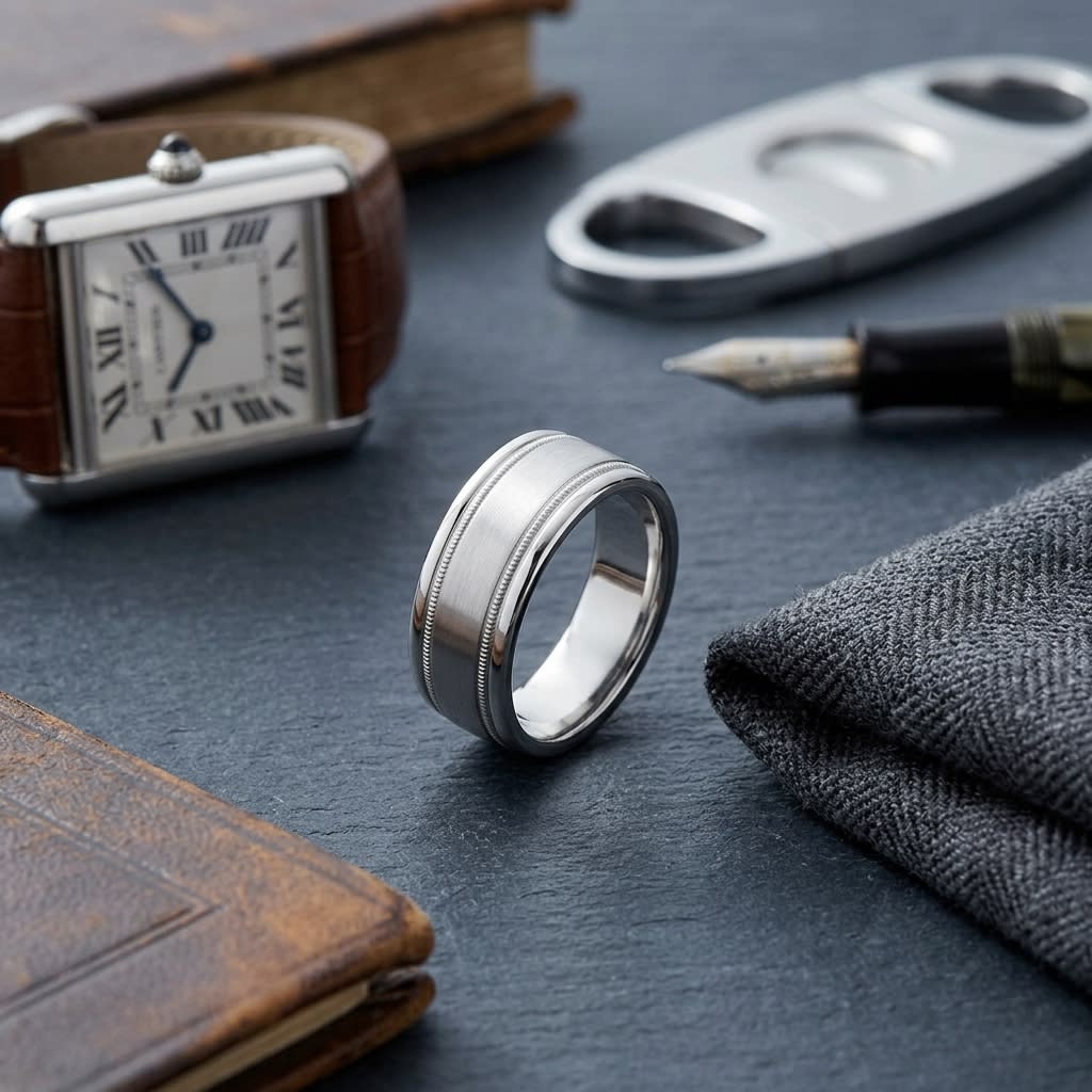 8mm Satin Finish Milgrain Round Edge Carved Wedding Band in Platinum, on walnut surface with pocket square