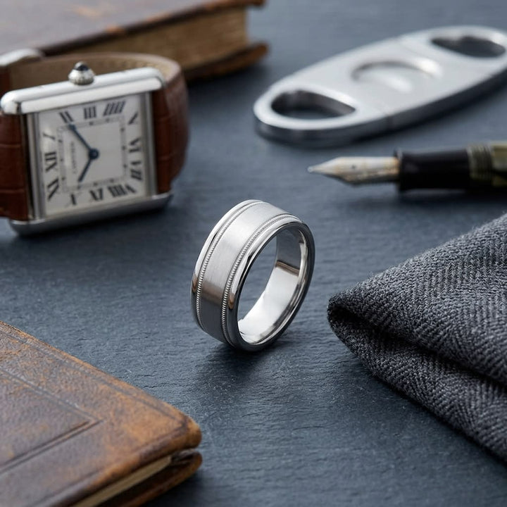 8mm Satin Finish Milgrain Round Edge Carved Wedding Band in Platinum, on walnut surface with pocket square