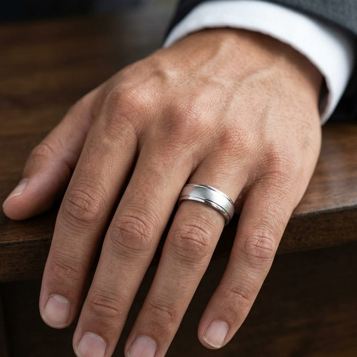 6mm Wired Finish High Polished Round Edge Carved Wedding Band in Platinum, worn on hand, masculine close-up