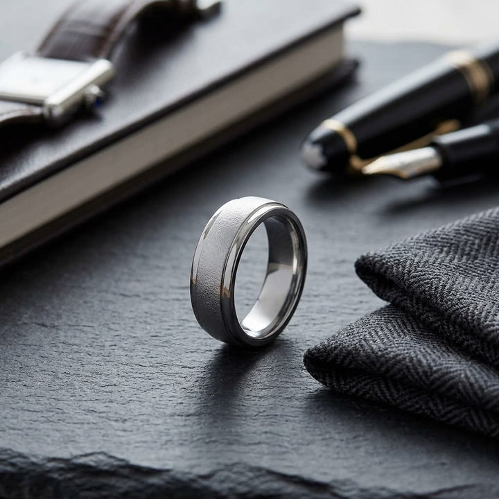 6mm Wired Finish High Polished Round Edge Carved Wedding Band in Platinum, on walnut surface with pocket square