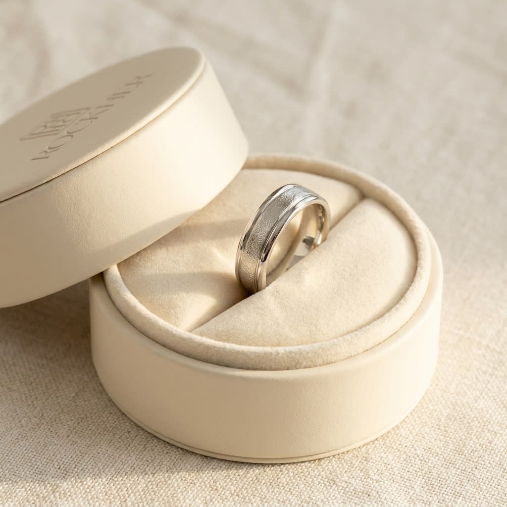 4mm Wired Finish High Polished Round Edge Carved Wedding Band in Platinum, in navy velvet jewelry box