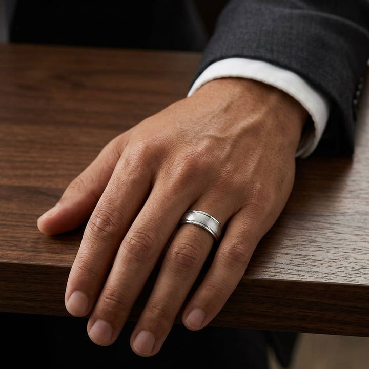 8mm Wire Brush High Polished Round Edge Carved Wedding Band in Platinum, worn on hand, masculine full view