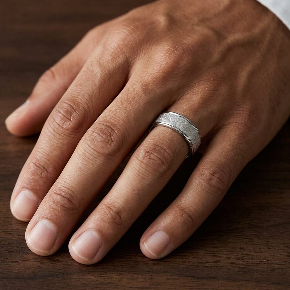 7mm Wired Finish High Polished Round Edge Carved Wedding Band in Platinum, worn on hand, masculine close-up