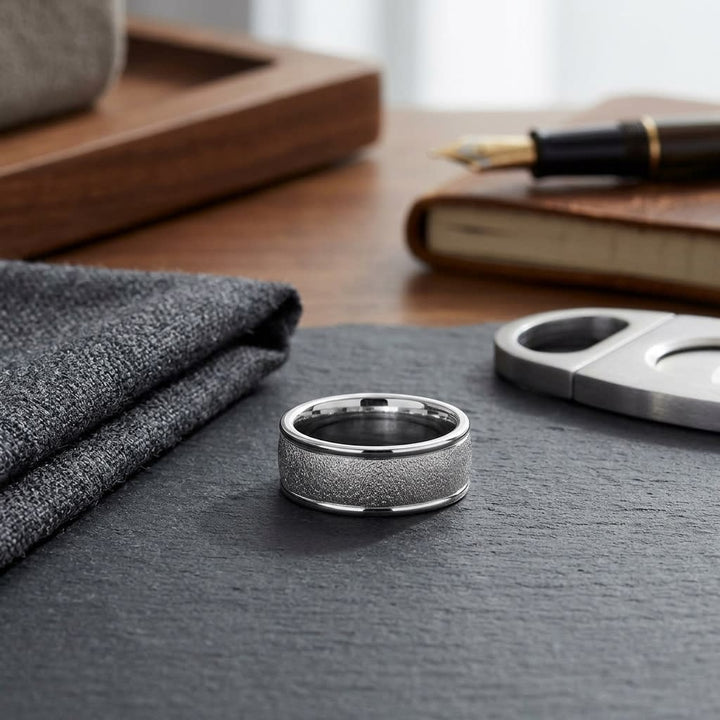 7mm Wired Finish High Polished Round Edge Carved Wedding Band in Platinum, on walnut surface with pocket square
