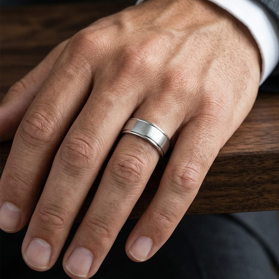 8mm Satin Finish High Polished Round Edge Carved Wedding Band in Platinum, worn on hand, masculine close-up