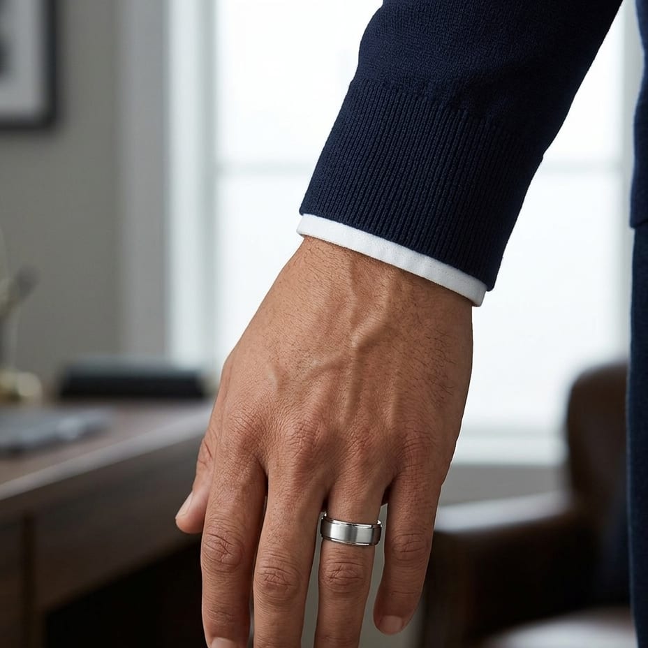 8mm Satin Finish High Polished Round Edge Carved Wedding Band in Platinum, worn on hand, masculine full view