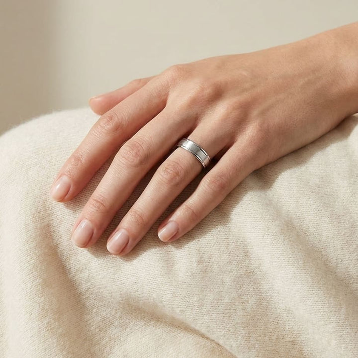 4mm Satin Finish High Polished Round Edge Carved Wedding Band in Platinum, worn on hand, full view