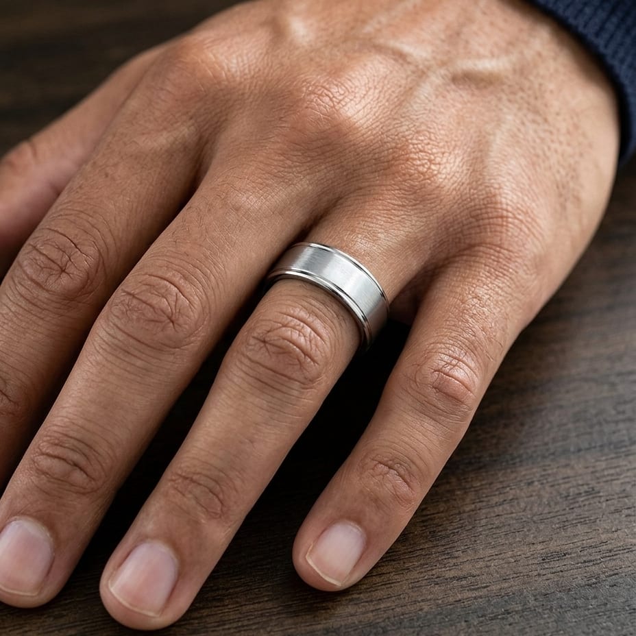 7mm Satin Finish High Polished Round Edge Carved Wedding Band in Platinum, worn on hand, masculine close-up