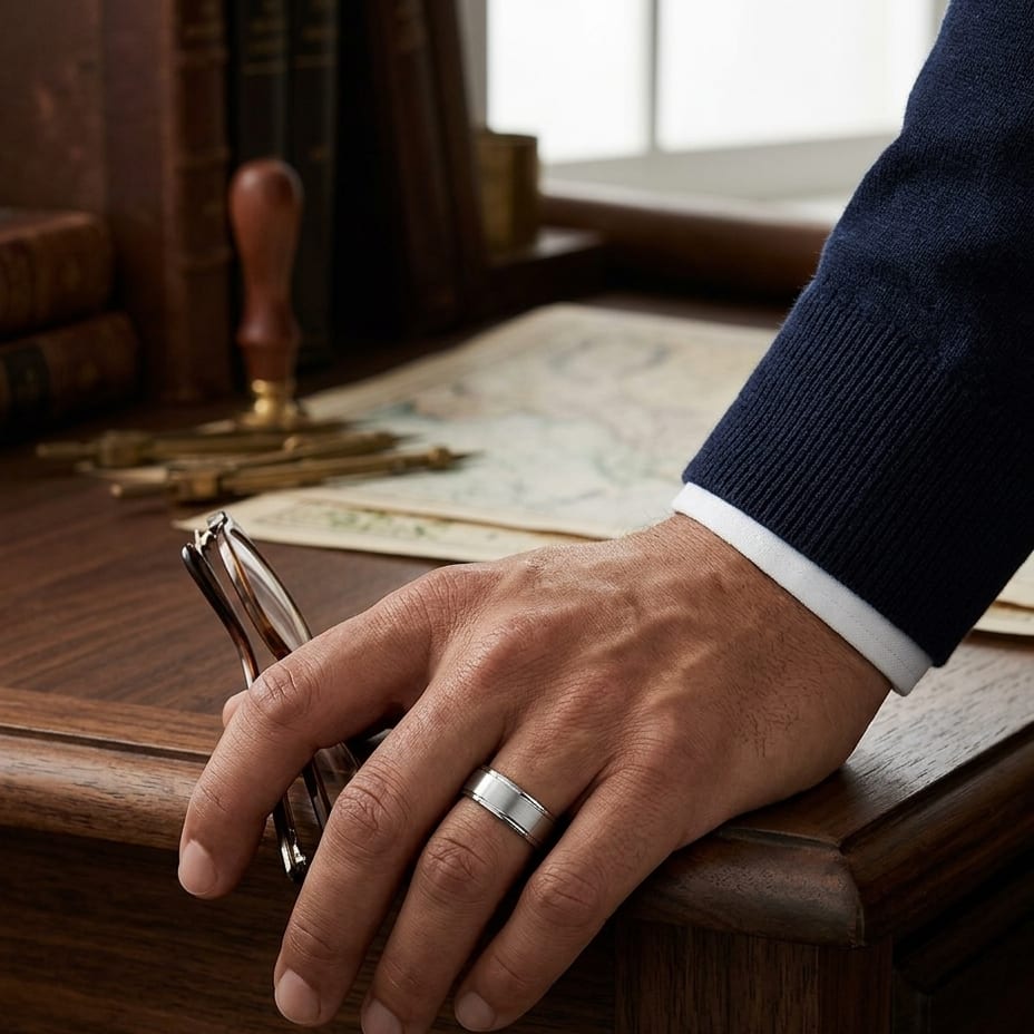 7mm Satin Finish High Polished Round Edge Carved Wedding Band in Platinum, worn on hand, masculine full view