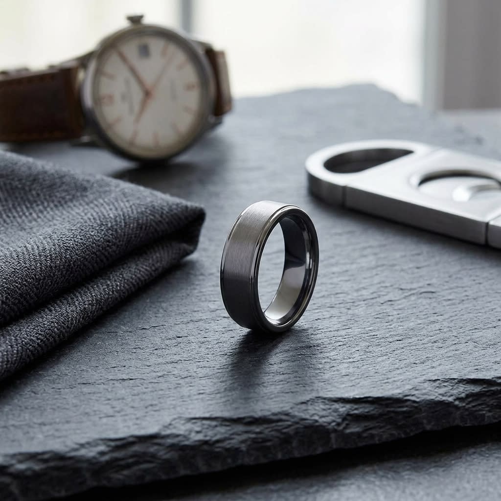 7mm Satin Finish High Polished Round Edge Carved Wedding Band in Platinum, on walnut surface with pocket square