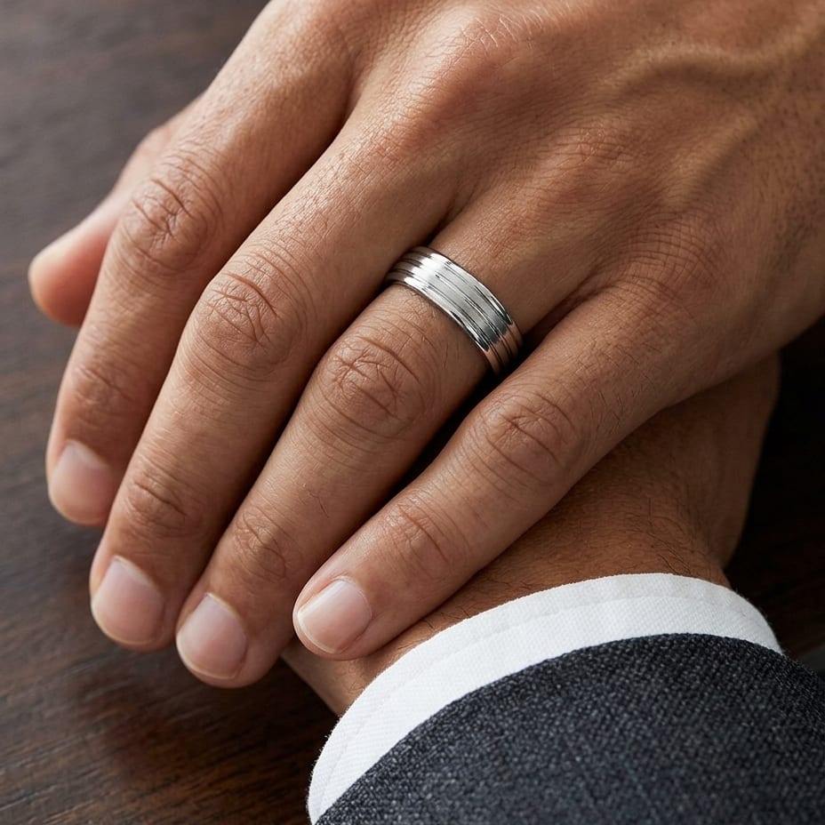 6mm Satin Finish High Polished Center Trim Carved Wedding Band in Platinum, worn on hand, masculine close-up