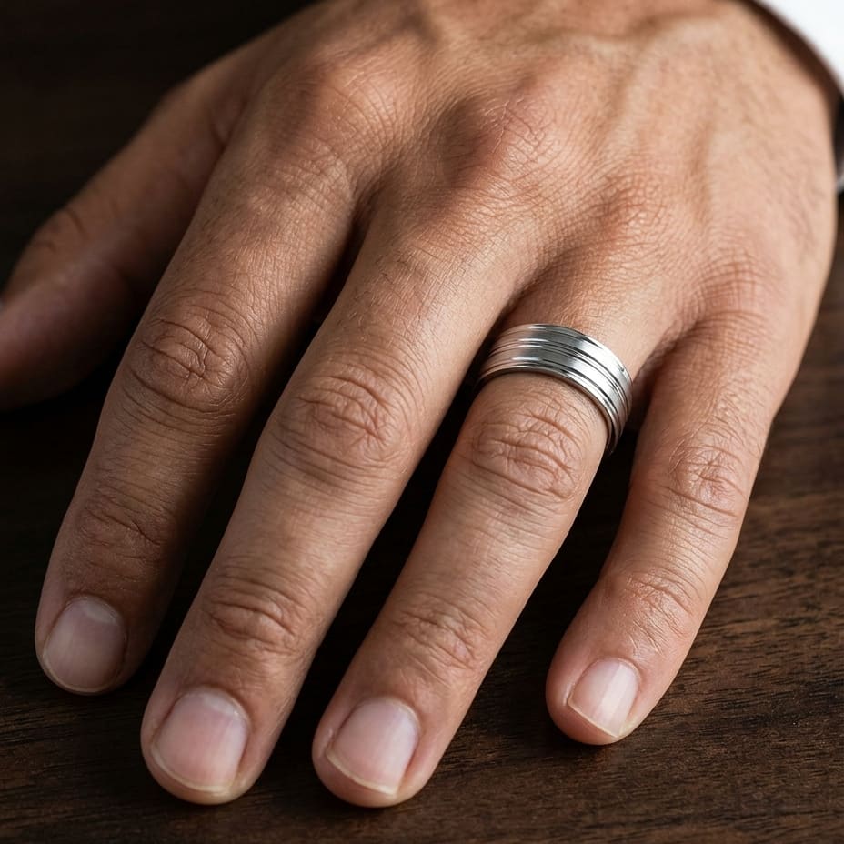 8mm Satin Finish High Polished Center Trim Carved Wedding Band in Platinum, worn on hand, masculine close-up