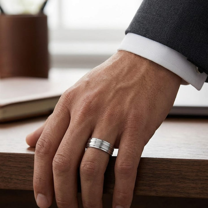 8mm Satin Finish High Polished Center Trim Carved Wedding Band in Platinum, worn on hand, masculine full view