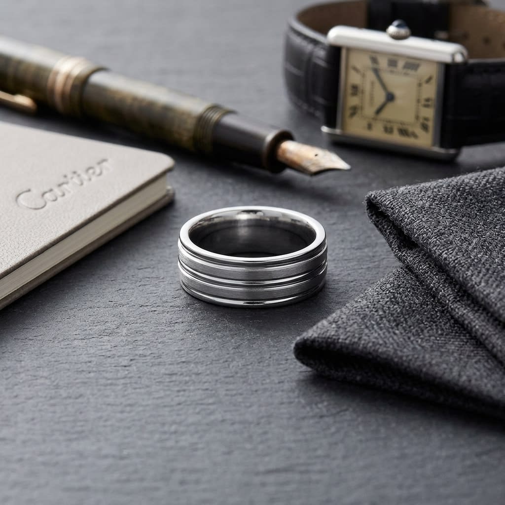 8mm Satin Finish High Polished Center Trim Carved Wedding Band in Platinum, on walnut surface with pocket square