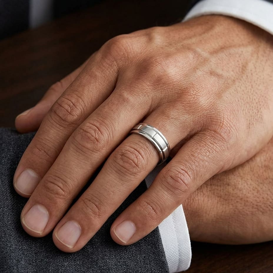 6mm Satin Finish High Polished Center Cut Carved Wedding Band in Platinum, worn on hand, masculine close-up