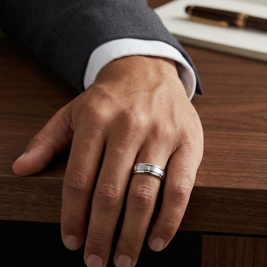 6mm Satin Finish High Polished Center Cut Carved Wedding Band in Platinum, worn on hand, masculine full view