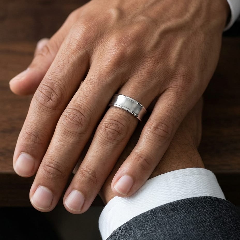 7.5mm Satin Finish High Polished Round Edge Carved Wedding Band in Platinum, worn on hand, masculine close-up