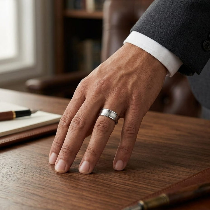 7.5mm Satin Finish High Polished Round Edge Carved Wedding Band in Platinum, worn on hand, masculine full view