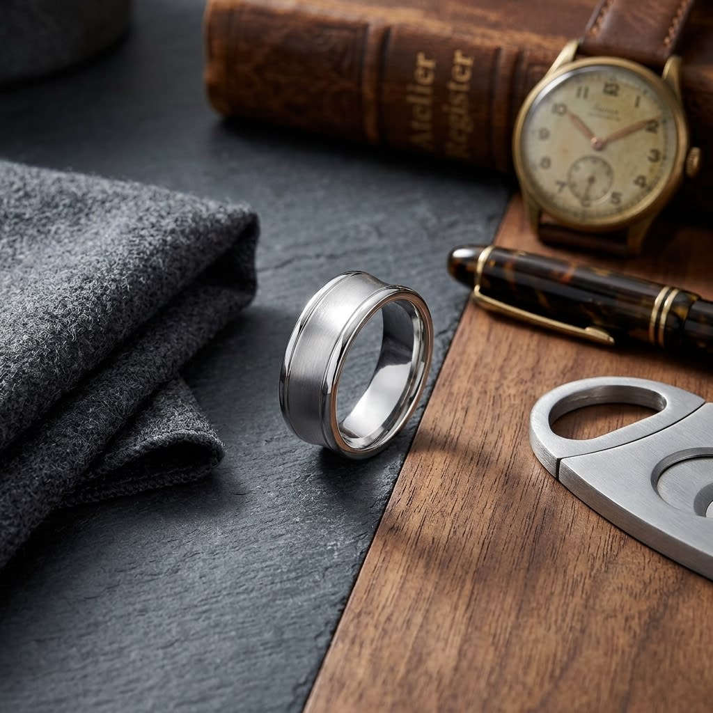 7.5mm Satin Finish High Polished Round Edge Carved Wedding Band in Platinum, on walnut surface with pocket square