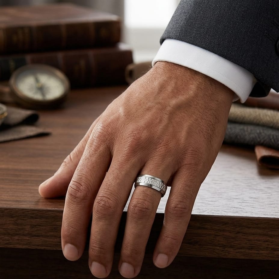 7.5mm Hammered Finish Beveled Edge Carved Wedding Band in Platinum, worn on hand, masculine full view
