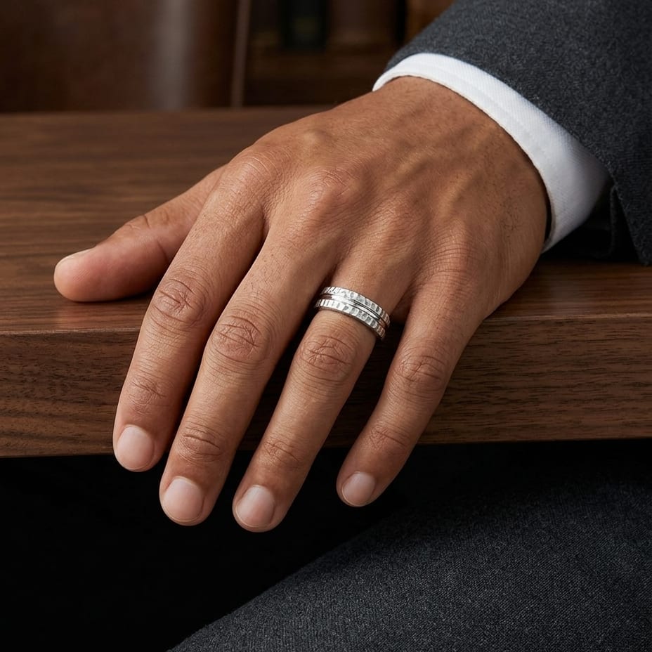 7.5mm Hammered Finish Carved Wedding Band in Platinum, worn on hand, masculine full view